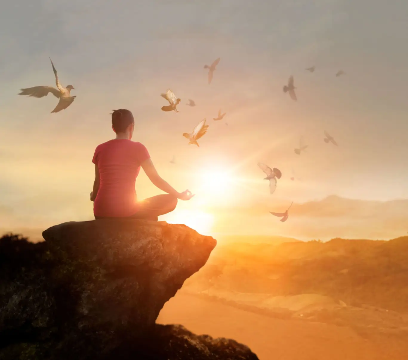 Person meditating on a cliff at sunset with birds flying.