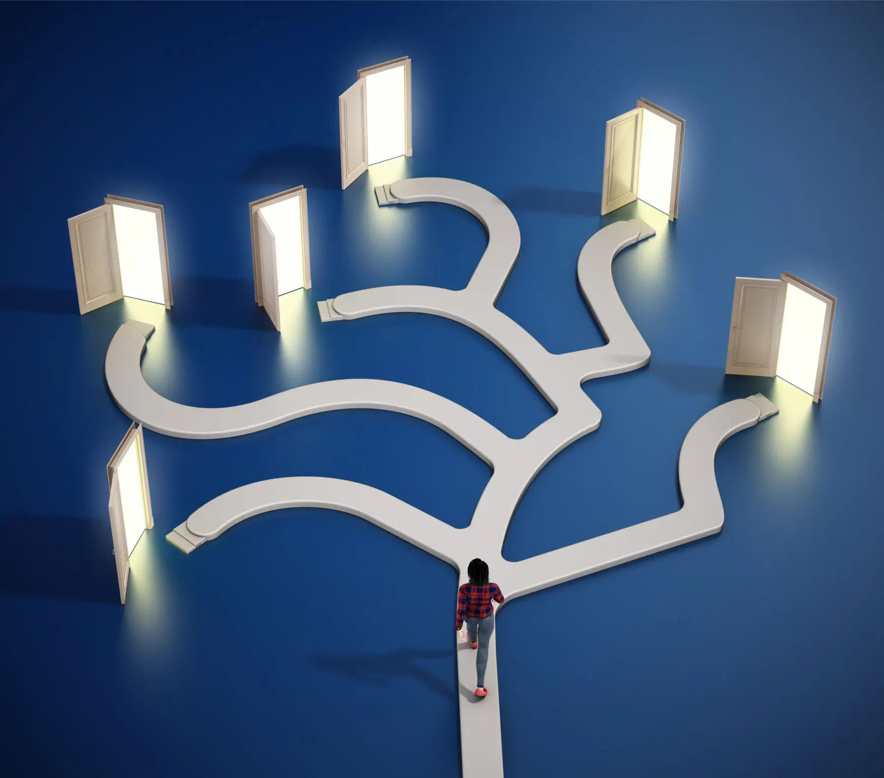 Person standing at a crossroads with illuminated doors symbolizing choices.
